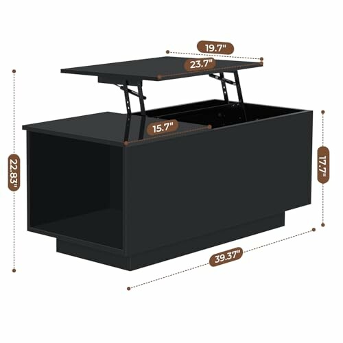 Black coffee table with lift-top and dimensions displayed.