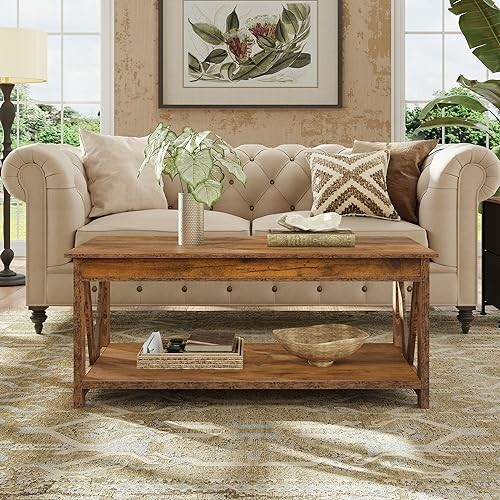Elegant living room with a beige sofa, wooden coffee table, and decorative plants.
