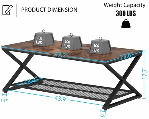 Industrial coffee table dimensions and weight capacity illustration.