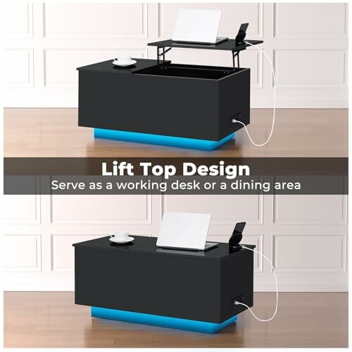 Lift top coffee table used as desk with laptop and cup.