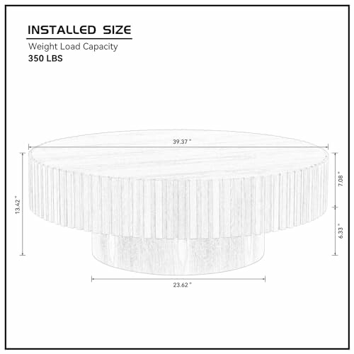 Diagram of round coffee table with dimensions and weight capacity information.