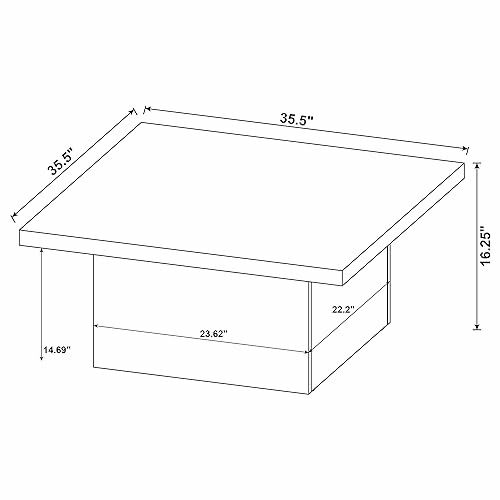 Square coffee table with dimensions in inches, including height and width.