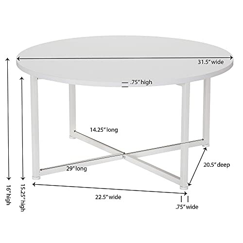 White round coffee table with dimensions and measurements.