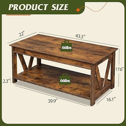 Wooden coffee table with dimensions and weight capacity.