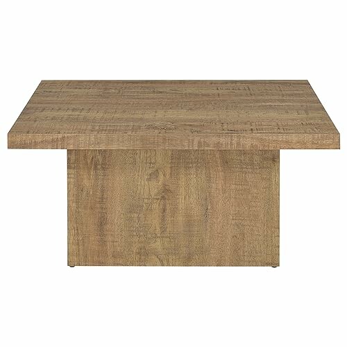 Square wooden coffee table with a thick top and solid base